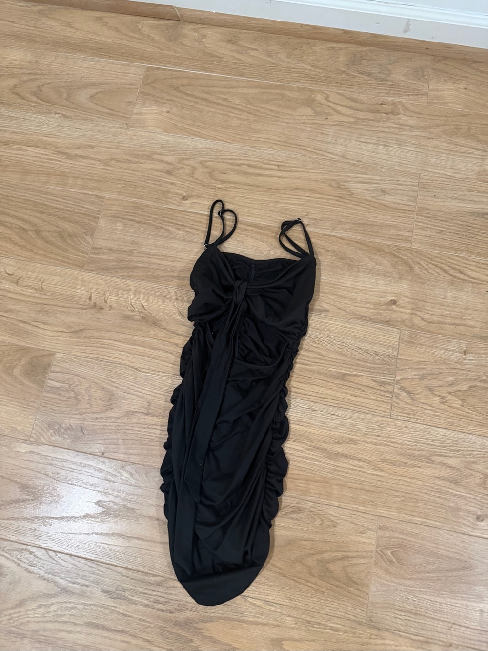 Black Ruched Tie-Front Spaghetti Strap Dress